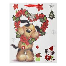 Vianočná darčeková taška s glitrom a motívom zvierat.