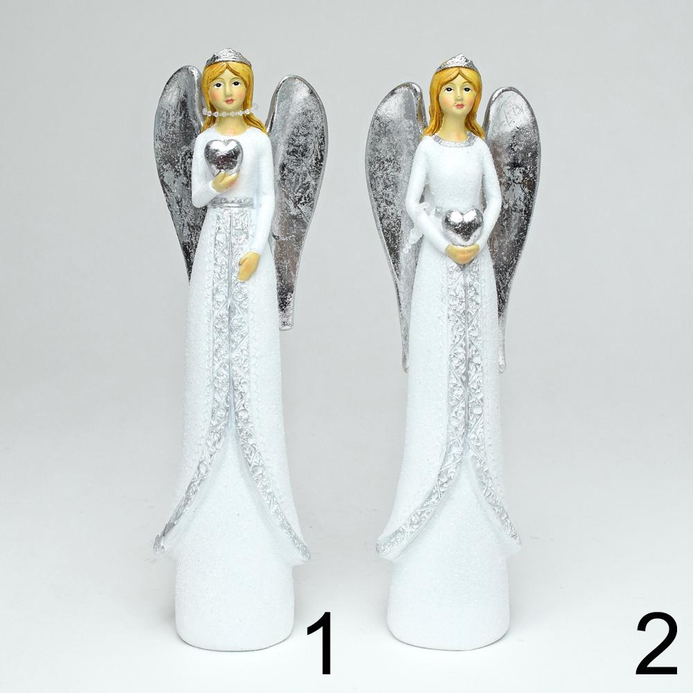 Dekorační anděl srdce bílý a stříbrný, mix 2 kusy.