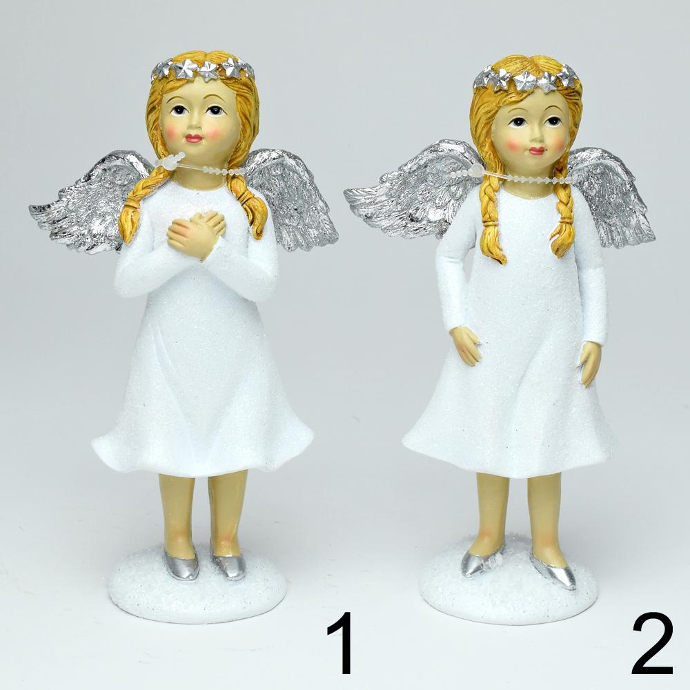 Dekorační bílý anděl s lesklými detaily.