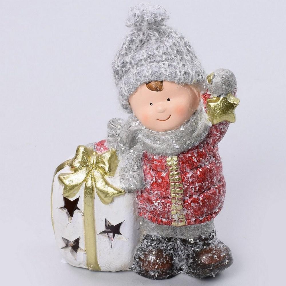 Vánoční dekorace LED děti s dárkem, keramika, 16 cm.