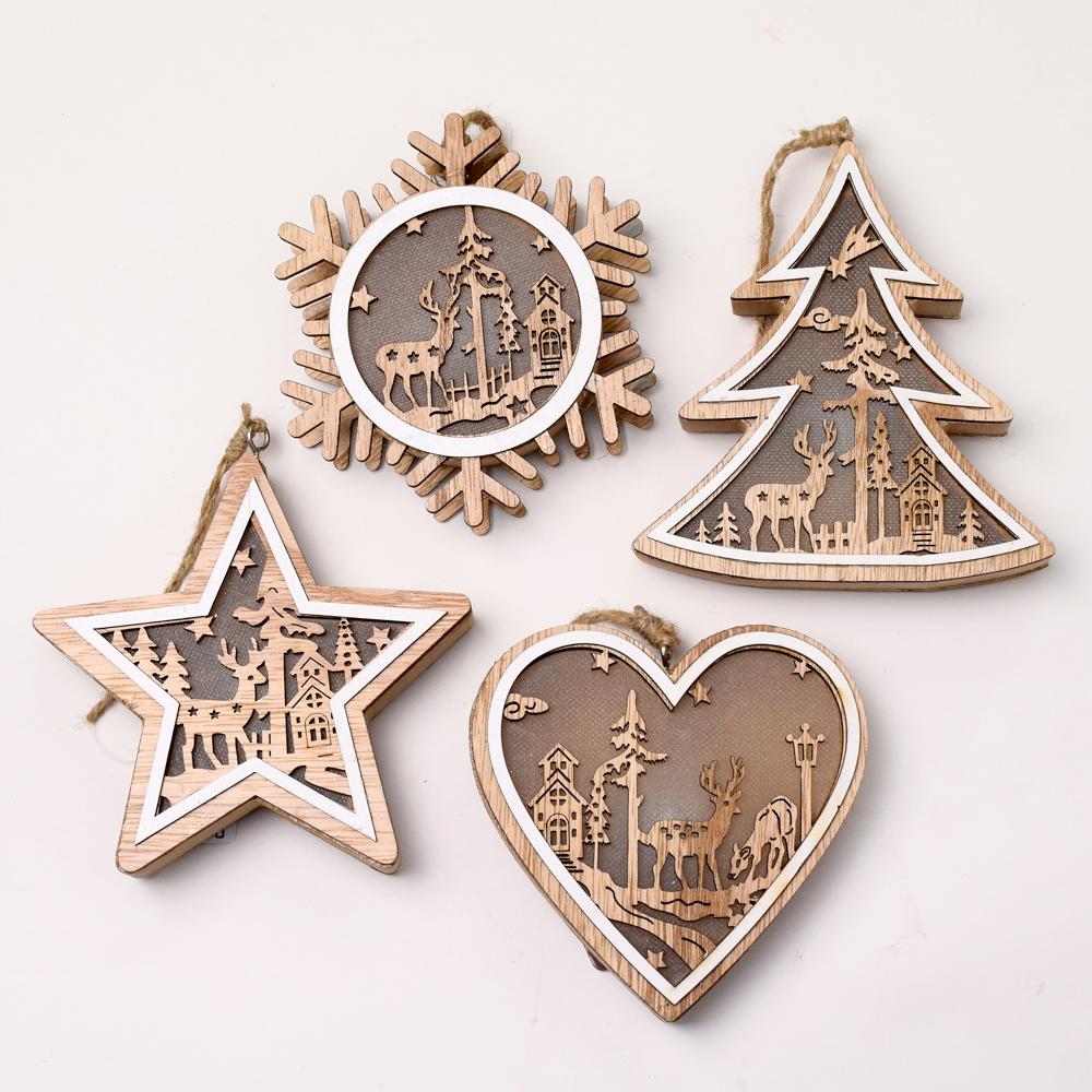 Dřevěné vánoční dekorace se světlem, 4 různé tvary.
