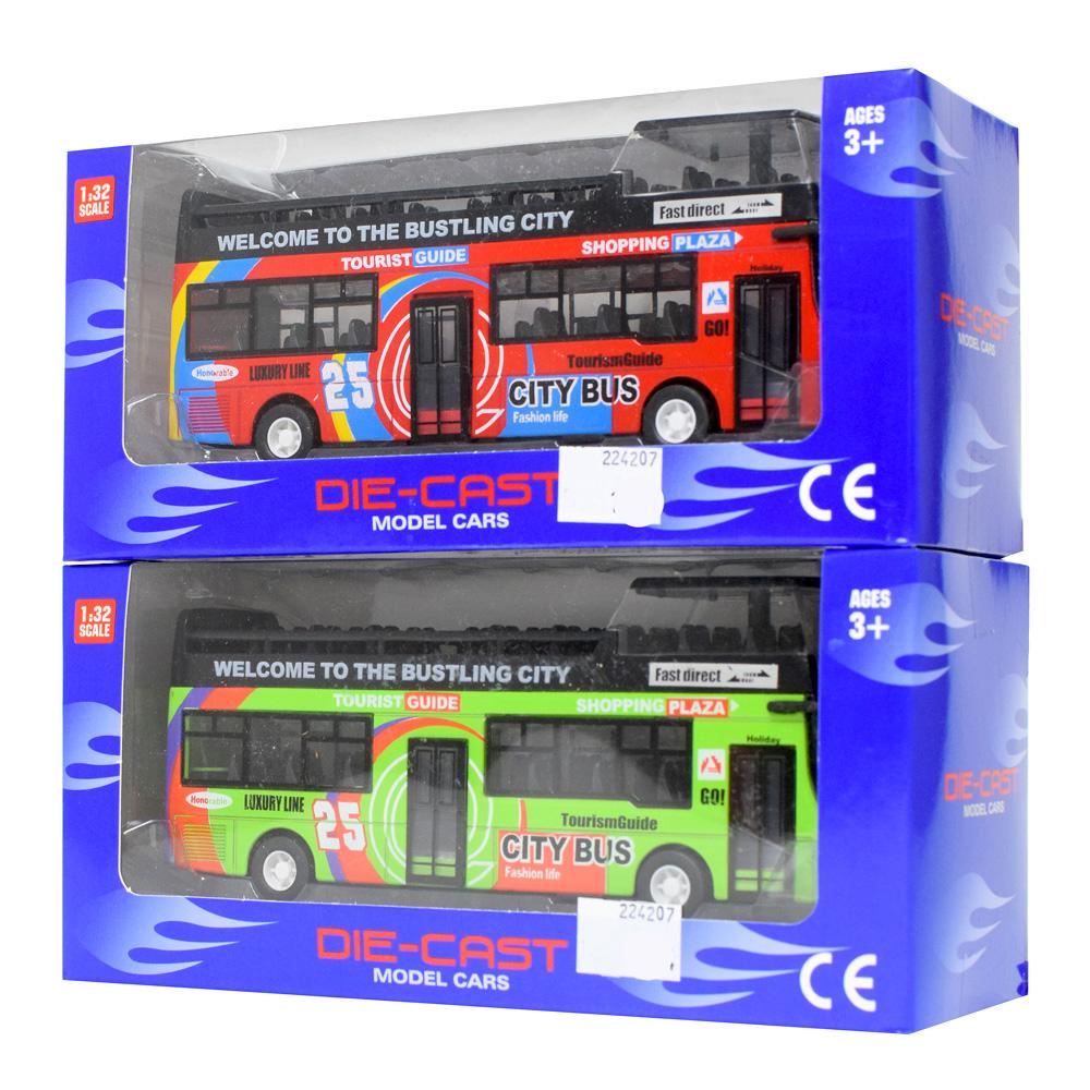 Zelený kovový autobus v balení.