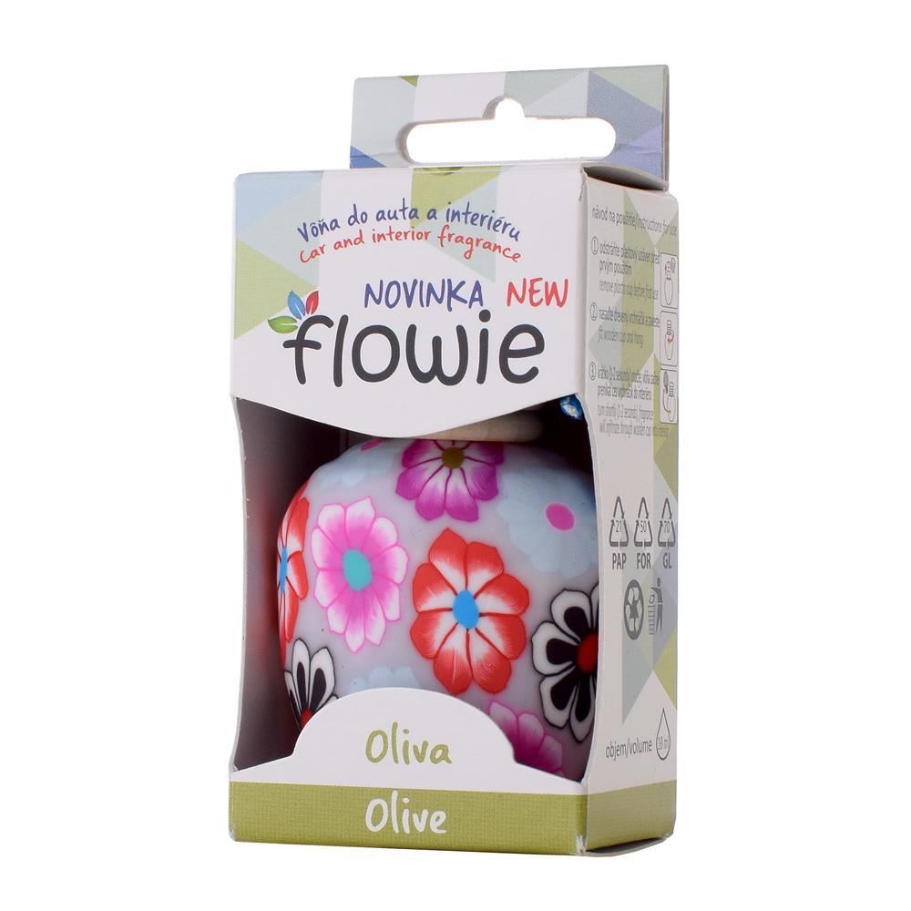 Vůně do auta Flowie Oliva s květinovým designem.
