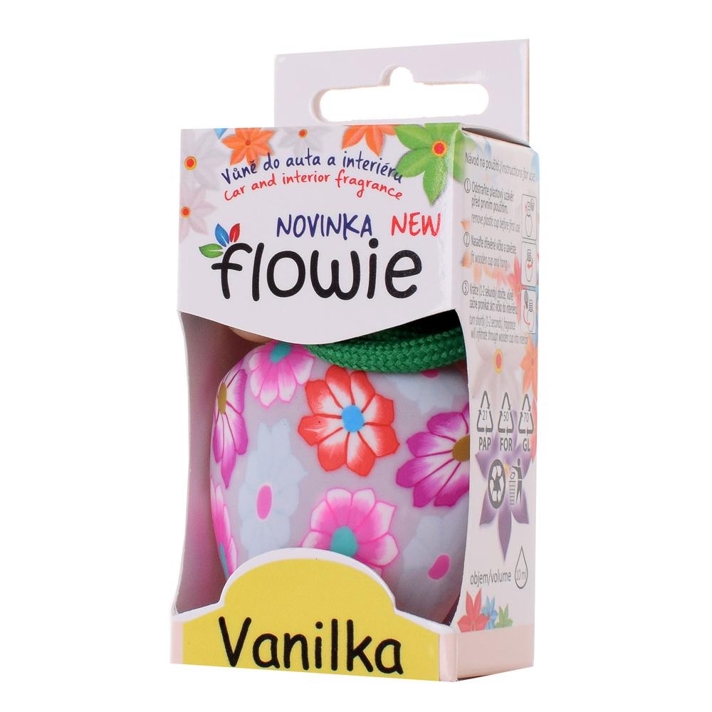 Vůně do auta Flowie Vanilka v květinovém obalu.