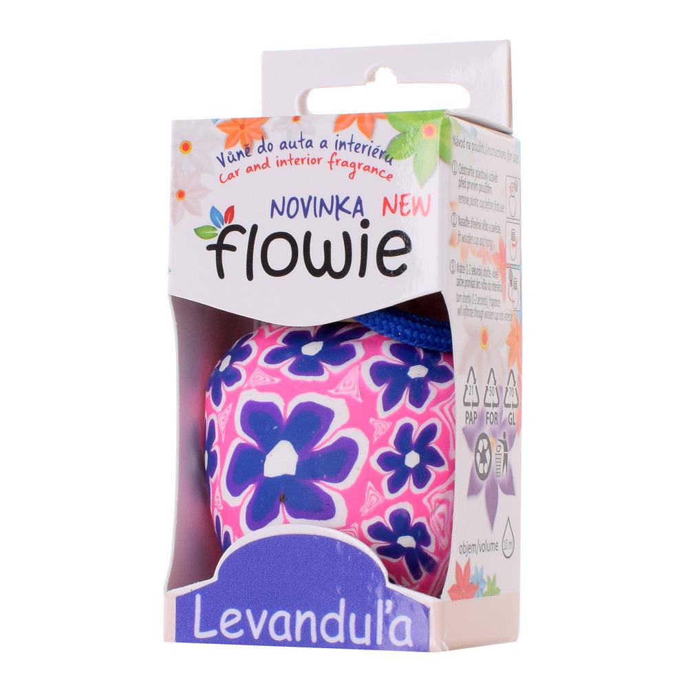 Vůně do auta Flowie Levandule v obalu s květinovým vzorem.