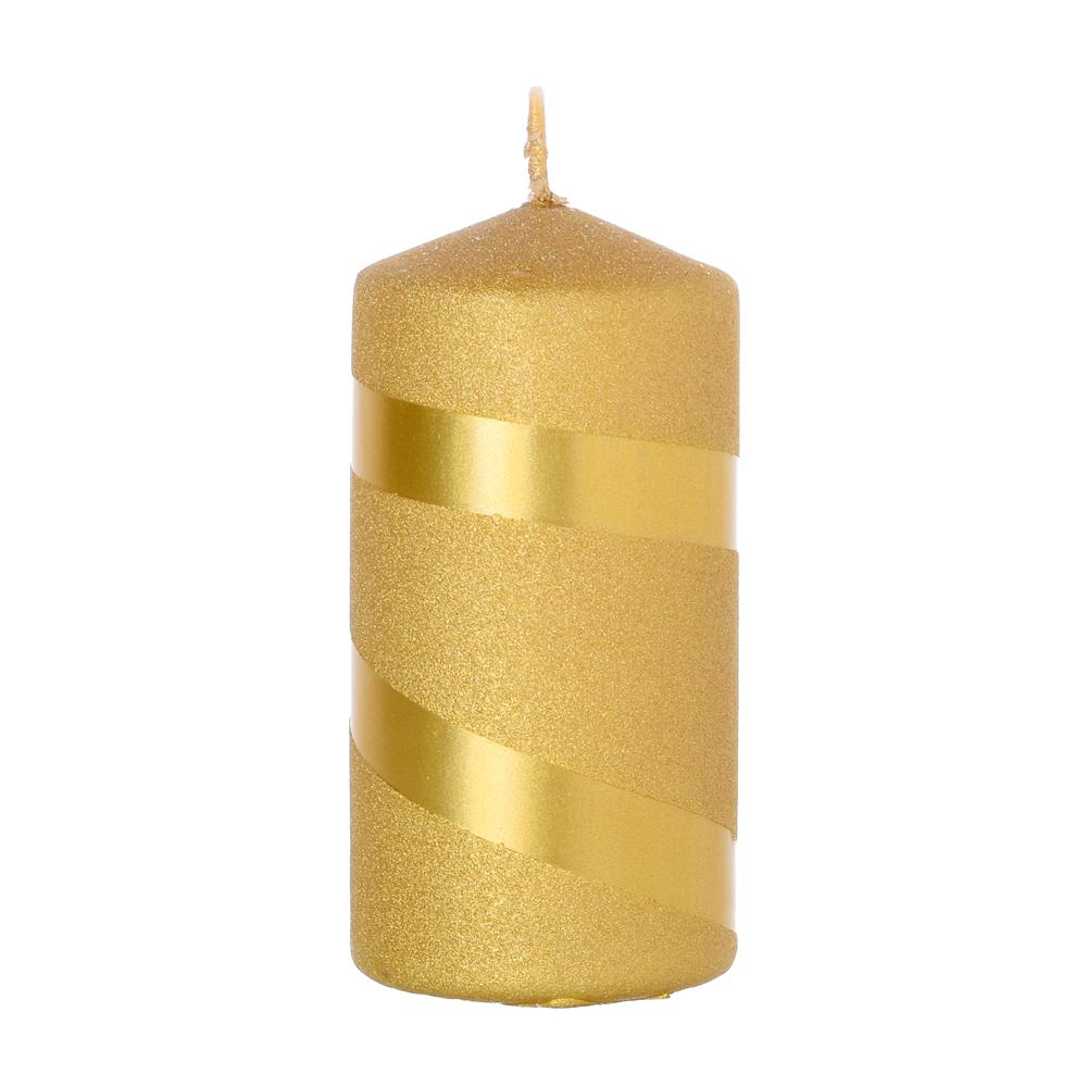 Zlatá vánoční svíčka s glitrem a metalickými pruhy.
