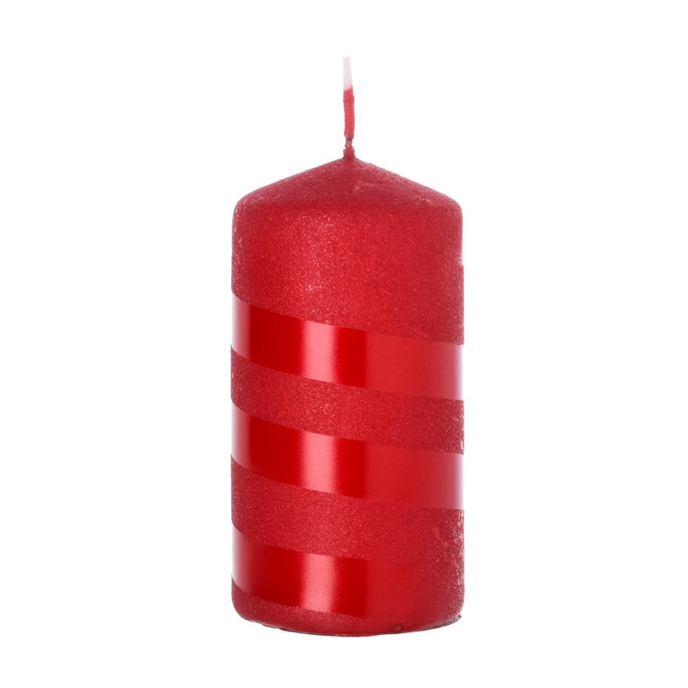 Vánoční svíčka s glitrem v červené barvě s metalickými pruhy.