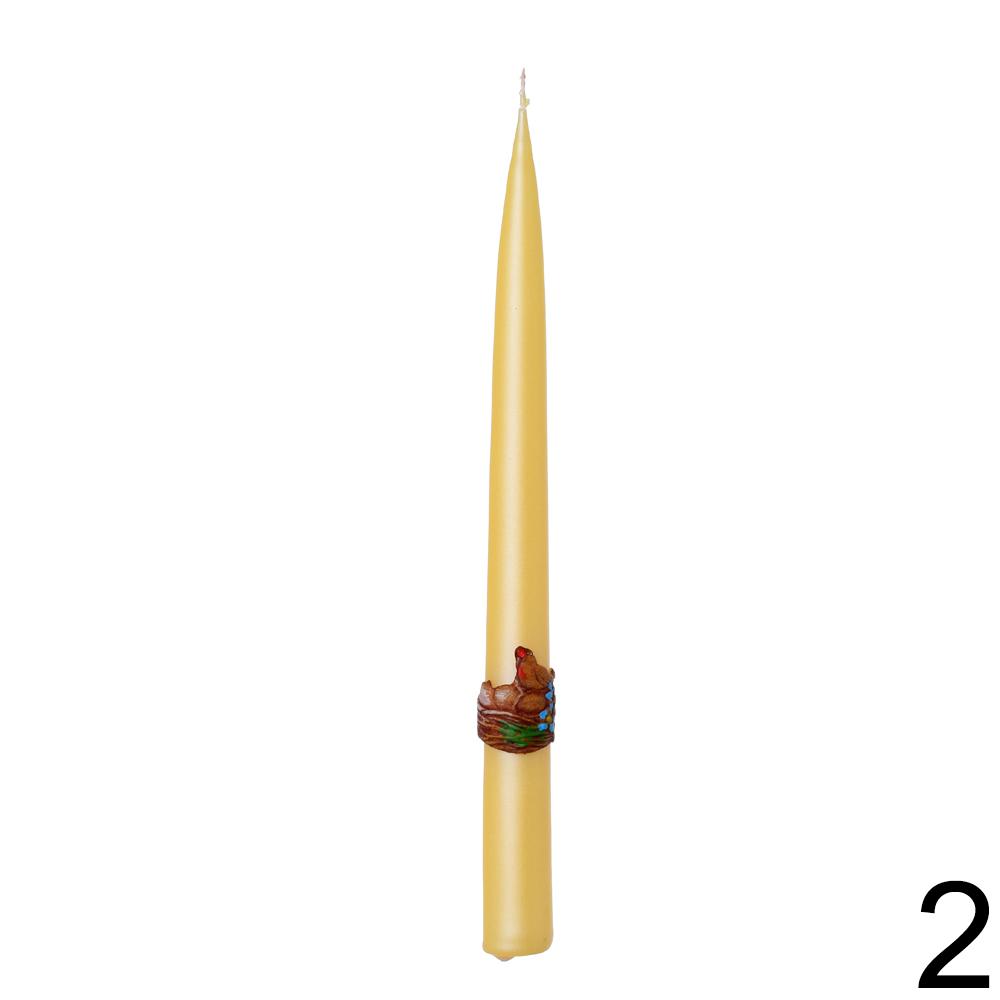 Velikonoční svíčky ve tvaru špičky, žlutá a zelená s dekorací kuřátka.