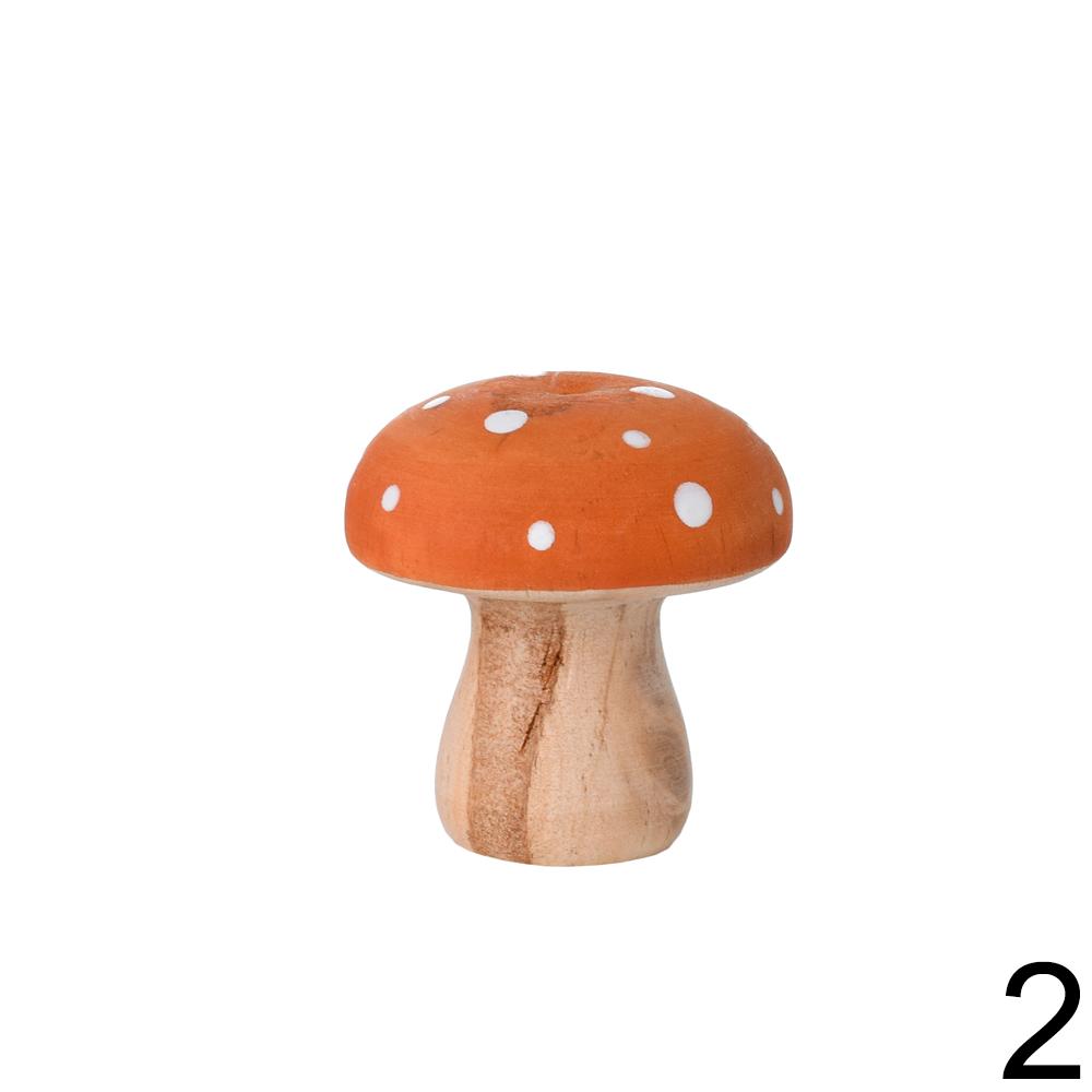 Dřevěné muchomůrky v oranžové a červené barvě.