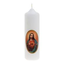 Omšové sviečky s obrázkami Pána Ježiša a Panny Márie.