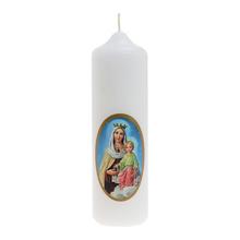 Omšové sviečky s obrázkami Pána Ježiša a Panny Márie.