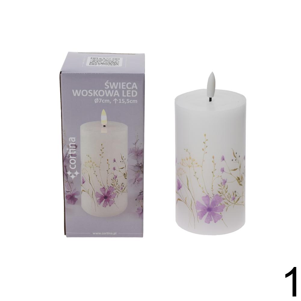 Světelná LED svíčka s květinovým motivem v růžové a modré barvě.