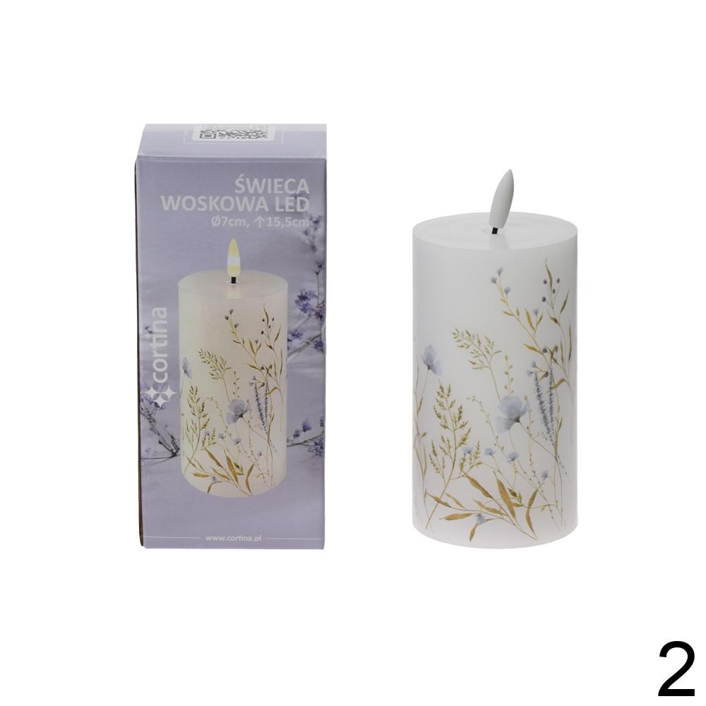 Světelná LED svíčka s květinovým motivem v růžové a modré barvě.