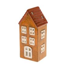 Porcelánový domček na sviečku v červenej a hnedej farbe.