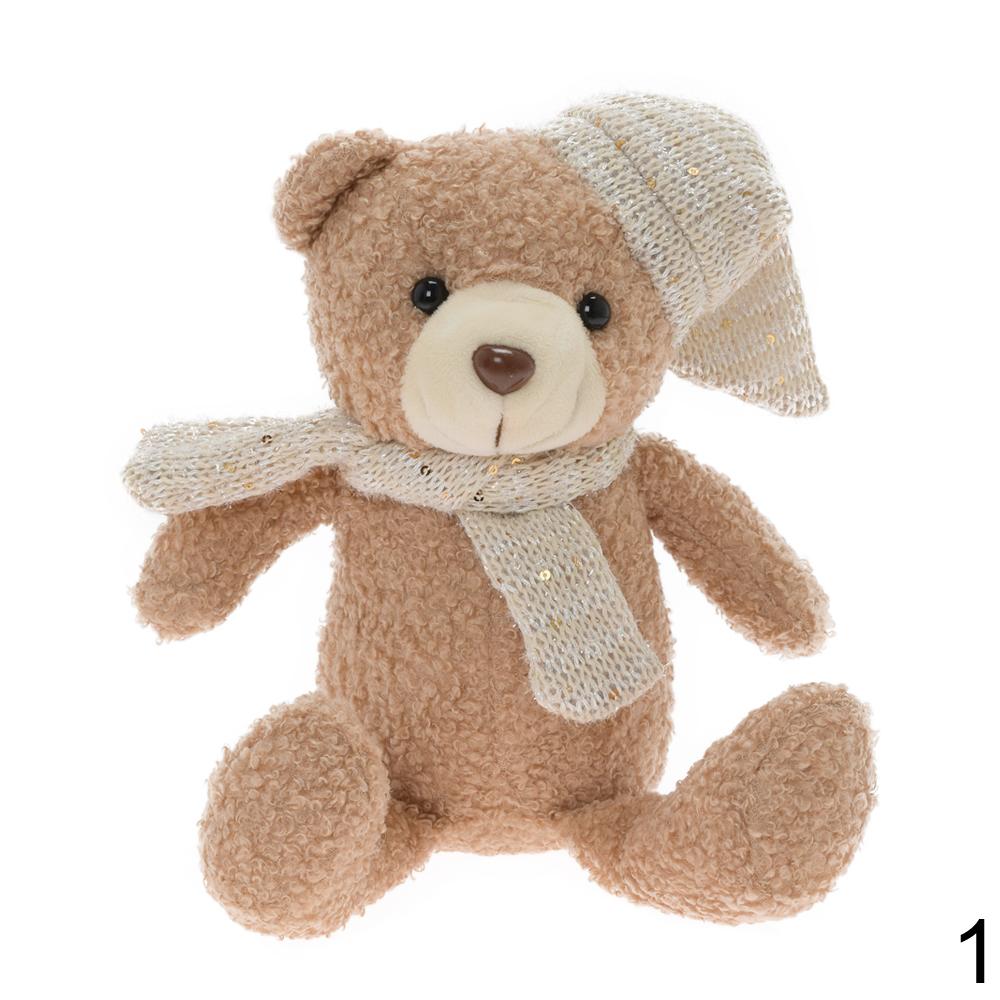 Medvěd s čepicí a šálou, textilní mix, 30 cm.