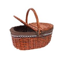 PRÚT. PIKNIKOVÝ KOŠÍK OVÁL TM. HNEDÁ S RÚČKOU TM.HNEDÁ LÁTKA 38x28x17x36CM - Koše, košíky s plátnem | FLORASYSTEM