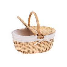 PRÚT. PIKNIKOVÝ KOŠÍK OVÁL SV. HNEDÁ S RÚČKOU BIELA LÁTKA 38x28x17x36CM - Koše, košíky s plátnem | FLORASYSTEM