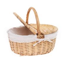 PRÚT. PIKNIKOVÝ KOŠÍK OVÁL SV. HNEDÁ S RÚČKOU BIELA LÁTKA 46x36x21x42CM - Koše, košíky s plátnem | FLORASYSTEM