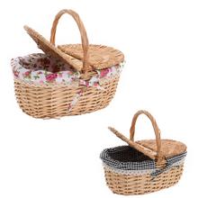 PRÚT. PIKNIKOVÝ KOŠÍK OVÁL TM. HNEDÁ S RÚČKOU TM.HNEDÁ LÁTKA 35x25x17x33CM - Koše, košíky s plátnem | FLORASYSTEM