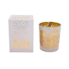 Vianočná voňavá sviečka v skle s motívom zimného mesta.