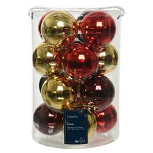 Vianočné guľe v lesklej a matnej zlatej a červenej farbe.