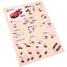 Červené športové auto z technických blokov s 164 dielikmi a nálepkami.