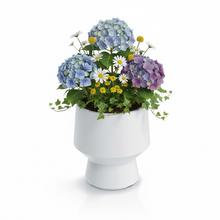 Biely okrúhly kvetináč s vkladom.