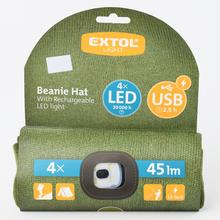 Zelená čepice s čelovým světlem a USB nabíjením.