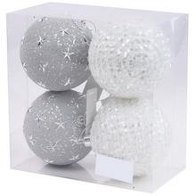 Sada vánočních koulí ve stříbrné a bílé barvě.