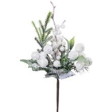 Umělá větvička s bílými bobulkami a zelenými listy.