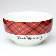 Vánoční salátová mísa s červeným kostkovaným vzorem a nápisem 'Good Morning'.