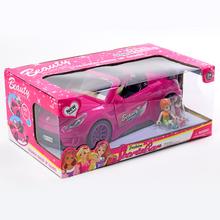 Růžové auto pro panenky se dvěma figurkami.