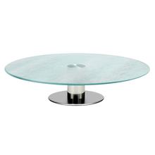 Skleněný podnos s průměrem 30 cm a tloušťkou 0,4 cm.