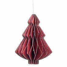 Závěsná ozdoba ve tvaru stromečku v zeleno-bordo-bílé barvě z papírového glitteru.