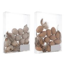 Malá plastová vajíčka s peříčky v mixu, 3,5 cm, balení po 12 kusech.