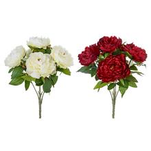 Kytice pivoňky v bílé a červené barvě s listy.