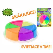 Skákací materiál svítící ve tmě v různých barvách.