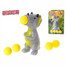 Dinosaurus střílecí s míčky, 14 cm, se třemi žlutými míčky.
