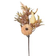 Podzimní dekorace s dýní a trávami v béžovo-hnědé barvě.