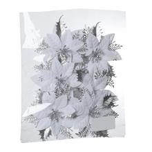 Hlava vánoční růže v bílé a stříbrné barvě, balení po 6 kusech.