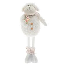 Bílá ovečka s teleskopickými nohami, držící květinu.