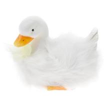 Bílá kachna s jemným peřím a žlutým zobákem.