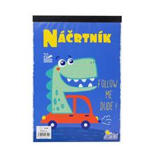 Náčrtník A4 s motivem dinosaura a autíčka.