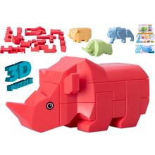 3D puzzle zvířátka s různými barvami a tvary.