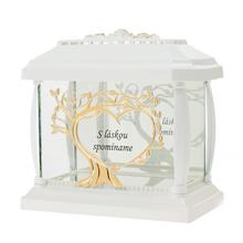 Bílý lampion Panteon se srdcem a nápisem 'S láskou vzpomínáme'.