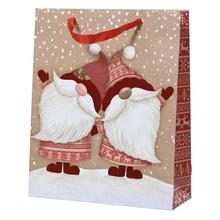 Vánoční papírová taška s glitry a motivem dvou Santa Clausů.
