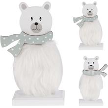 Bílý medvěd na dřevěném podstavci s modrou šálou.