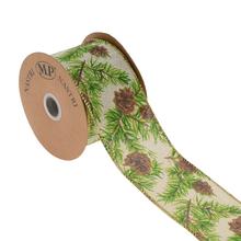 Vánoční juta stuhy s motivem cesmíny a šišek.