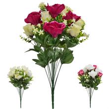 Kytice umělých květin s růžemi a magnóliemi v mixu barev.