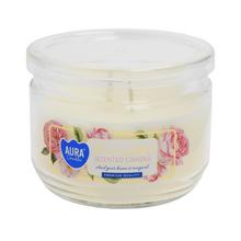 Aromatická svíčka ve skleněném obalu s květinovým designem.